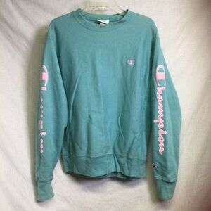 Champion Reverse Weave Vintage Teal Crewneck Sweatshirt Pink Logo Sx M